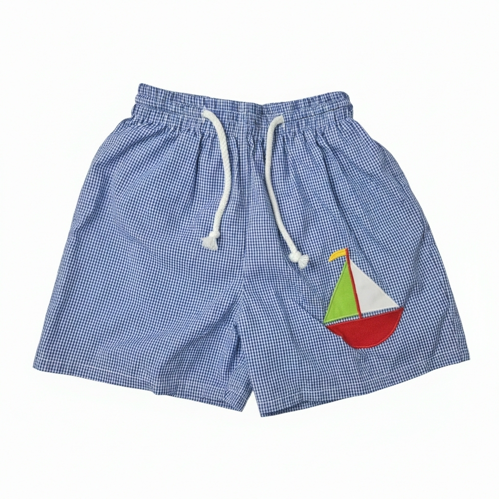 Monday's Child Blue Gingham Sailboat Swim Trunks - Size 5